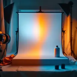 Professional bi-color LED light panel creating warm amber to cool blue gradient in photography studio with portrait subject and product display setup