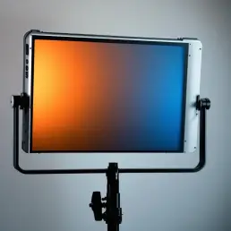 Professional bi-color LED light panel on black stand with warm amber to cool blue gradient and digital controls