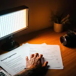 Professional bi-color LED light panel casting warm and cool tones on desk with rental papers, receipts, and filmmaker's hand adjusting controls.