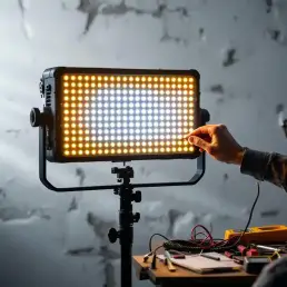 Professional LED light panel on stand with person adjusting controls, flickering warm and cool light on studio wall