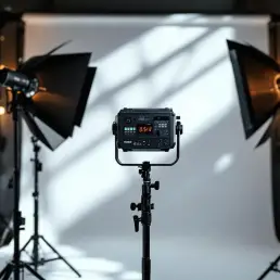 Professional bi-color LED lighting kit with adjustable barn doors on studio stands, creating warm and cool light mix