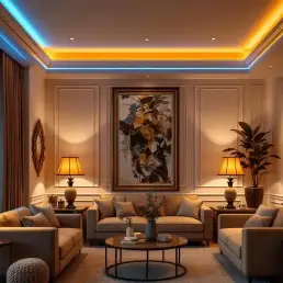 Modern living room with bi-color LED strip lights in blue and amber tones along ceiling, warm table lamps, and cozy seating.