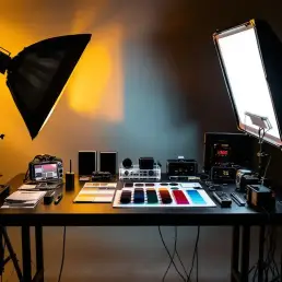 Professional photography studio setup with bi-color LED lighting equipment, barn doors, gels, and remote controls on black table