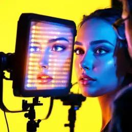 Professional photographer adjusting bi-color LED panel light creating dramatic warm and cool lighting on portrait subject