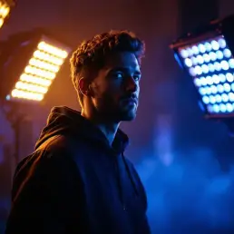 Actor on professional film set illuminated by warm golden and cool blue LED lights creating dramatic color contrast