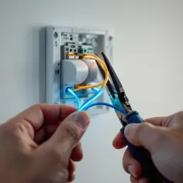 Electrician's hands connecting dual-colored LED wiring to dimmer switch with professional pliers on white wall