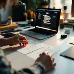 Hands arranging numbered instruction cards in order on white desk with laptop and tools in organized workspace setup.