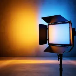 Professional bi-color LED light panel casting warm golden and cool blue light in modern photography studio setup