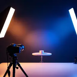 Professional photography studio setup with LED light panels casting warm and cool lighting on product, camera on tripod in foreground.