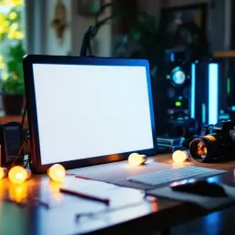 LED panel light with color temperature controls on photographer's desk with warm and cool bulbs, camera equipment visible