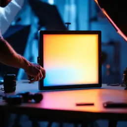 Professional photographer adjusting bi-color LED panel light with warm to cool blue gradient in modern studio setup.