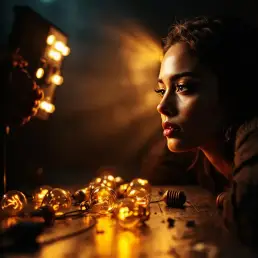 Professional photographer adjusting bi-colour LED panel light on portrait subject with dramatic lighting and film grain texture.