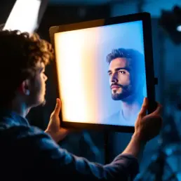 Professional photographer adjusting bi-color LED panel light casting warm and cool tones on model's face in studio