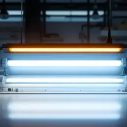 Modern LED light strip with warm amber glow mounted above fluorescent tube on white workbench in professional workshop