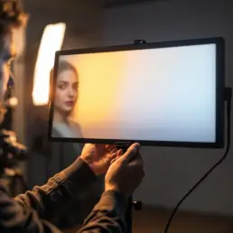 Professional photographer adjusting bi-color LED panel light on stand, casting warm and cool gradient lighting on model in studio