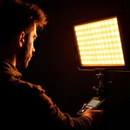 Professional photographer adjusting dual LED panel lights with warm and cool controls in studio with portrait subject