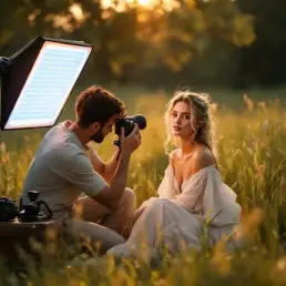 Photographer adjusting bi-color LED panel on model in golden-hour meadow with dramatic lighting and camera equipment