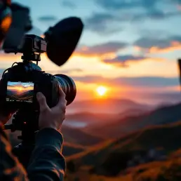 Professional photographer adjusting camera settings during golden hour, capturing landscape with warm orange and blue lighting.