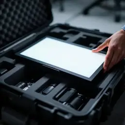 Professional photographer placing LED panel light into foam-padded equipment case with additional lighting gear visible