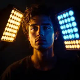 Actor on professional film set with dramatic bi-color lighting, warm golden and cool blue LED panels creating cinematic effect.