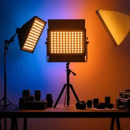 Professional bi-color LED light panel on tripod casting warm and cool light over photographer's workspace with camera gear