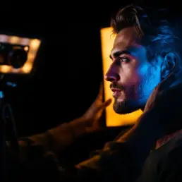 Professional photographer adjusting bi-color LED panel with warm and cool lighting on portrait subject in modern studio
