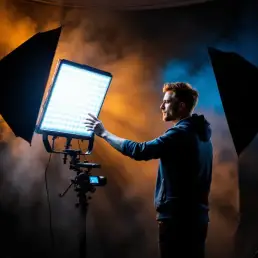 Professional photographer adjusting bi-color LED light panel creating warm amber and cool blue tones in portrait studio