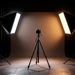 Professional photography studio with bi-color LED lights on stands, DSLR camera on tripod, and lighting equipment on concrete floor.
