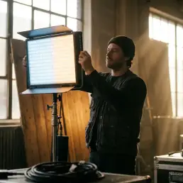 Cinematographer adjusting a bi-colour LED panel on a film set, warm tungsten window light streaming through industrial windows behind.