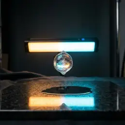 Frozen water droplet mid-splash suspended in sharp focus, lit by warm amber and cool cyan LED panel beams on a dark reflective surface.
