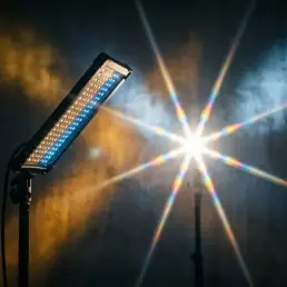 Iluminación LED continua de fuente puntual que crea un destello de lente cinematográfico controlado cerca del borde del encuadre.