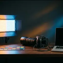 Professional camera tethered to a laptop on a studio desk, bi-colour LED panel casting warm amber and cool blue light over a colour calibration chart.
