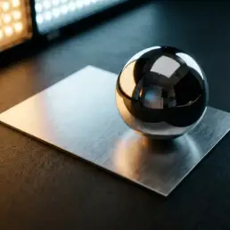 Chrome sphere and brushed aluminum plate lit by split warm-amber and cool-daylight LED, showing dual specular highlights and metallic reflections on a dark studio surface.