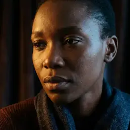 Close-up cinematic portrait of a dark-complexioned model with dramatic split lighting — warm amber on one side, cool blue on the other.