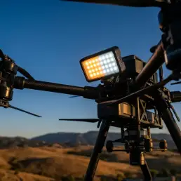 Bi-colour LED panel mounted on a drone rig at golden hour, emitting warm amber and cool daylight tones against a deep blue dusk sky.