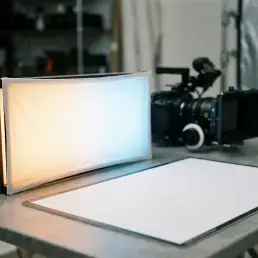 Bi-colour LED panel casting warm amber to cool daylight gradient across a white color calibration chart, cinema camera softly blurred in background.