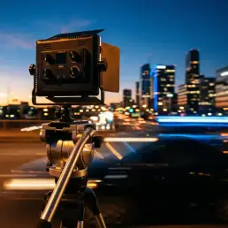 Bi-colour LED panel on a fluid head tripod against a dusk cityscape with streaking amber and teal lights and golden-hour glow.