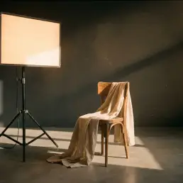 Panel LED bicolor en un soporte que proyecta una cálida luz ámbar sobre una silla de madera y lino drapeado en un estudio minimalista.