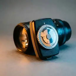 Professional light meter close to camera lens lit by warm amber and cool blue LED fixtures, tonal split across dial face on grey studio surface.