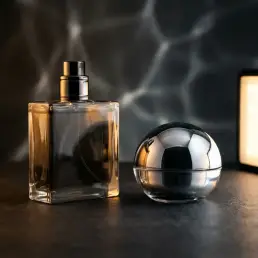 Glass perfume bottle and chrome cosmetic jar on dark surface, lit by amber-to-daylight gradient with caustic light reflections.