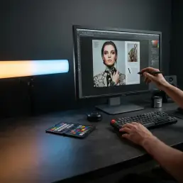 Retoucher's hands working on a color-calibrated monitor displaying a fashion portrait, with calibration tools and a color checker card on a darkened studio desk.