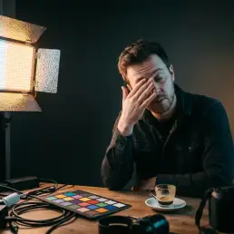 Photographer rubbing tired eyes under split warm amber and cool daylight LED lighting at a cluttered studio workstation with color calibration cards.