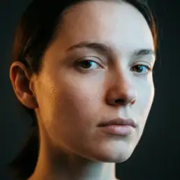 Close-up portrait of a model with warm amber tungsten light on one side and cool daylight on the other, shot against a dark charcoal studio backdrop.