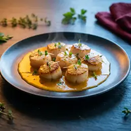 Seared scallops with golden sauce on dark slate, lit by warm amber and cool daylight with scattered fresh herbs.