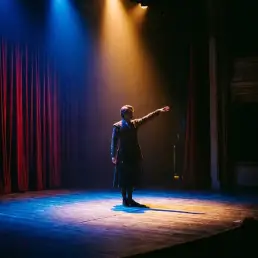 Lone theater performer mid-gesture under a spotlight, framed by crimson velvet curtains with dramatic amber and blue stage lighting.
