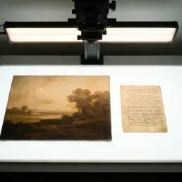 Vintage oil painting and handwritten manuscript on a white copy table, lit by a bi-colour LED panel for archival photography.