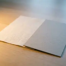 White fabric swatch and grey card lit by a bi-colour LED fixture, showing warm amber to cool daylight tonal gradation in a studio setting.