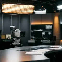 Iluminación de estudio de televisión profesional que ilumina una mesa de informativos y un plató de multicámara.