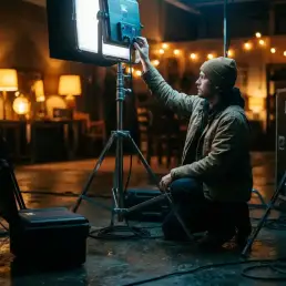 Director de fotografía ajustando un panel de luz LED en un plató de cine con luces prácticas de tonos cálidos, cables y equipo de cámara sobre un suelo de hormigón oscuro.
