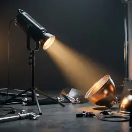 Iluminación LED continua profesional con reflector y accesorios de modelado de luz en un estudio.